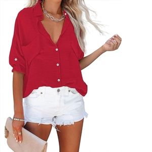 NEW Diosun Red Loose Flowly Roll Tab Sleeves Long Sleeve Button Down Top Size M